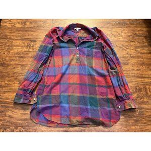 LL Bean Signature Medium Red Purple Blue Rainbow Cotton 1/4 Button Blouse